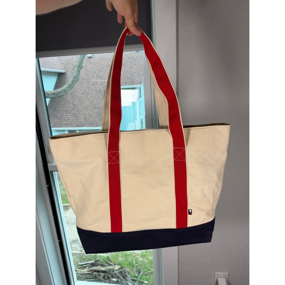 Tommy Hilfiger Canvas Tote Bag Cream Navy Red Plaid Lined Large Boat Bag